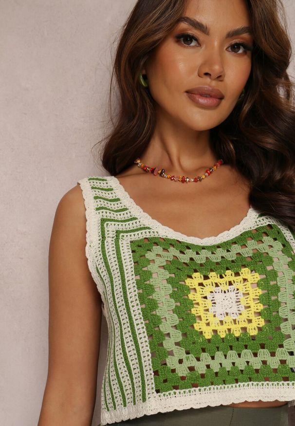 Renee - Zielony Top Szydełkowy Elizza. Kolor: zielony. Materiał: bawełna, materiał. Długość rękawa: na ramiączkach. Wzór: geometria. Styl: boho