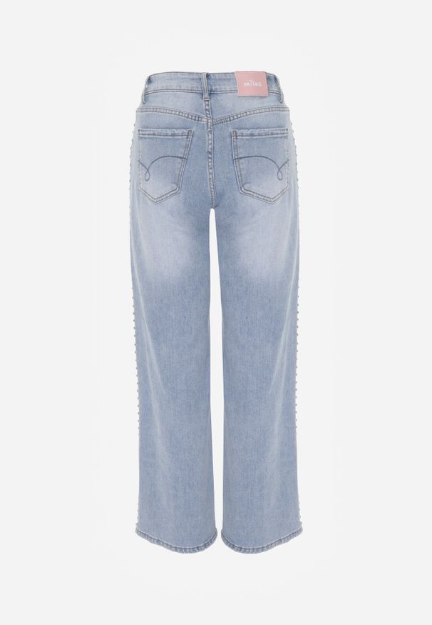 Born2be - Niebieskie Szerokie Jeansy Wysoki Stan z Bawełną Ozdobione Nitami Basithoe. Okazja: na co dzień. Stan: podwyższony. Kolor: niebieski. Wzór: aplikacja. Styl: casual, elegancki, klasyczny