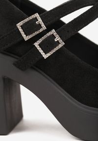 Renee - Czarne Chunky Półbuty na Słupku z Paskami z Klamrami Zdobionymi Cyrkoniami Pesipe. Okazja: na co dzień. Zapięcie: klamry. Kolor: czarny. Wzór: aplikacja. Obcas: na słupku. Styl: glamour, casual, elegancki. Wysokość obcasa: średni #5