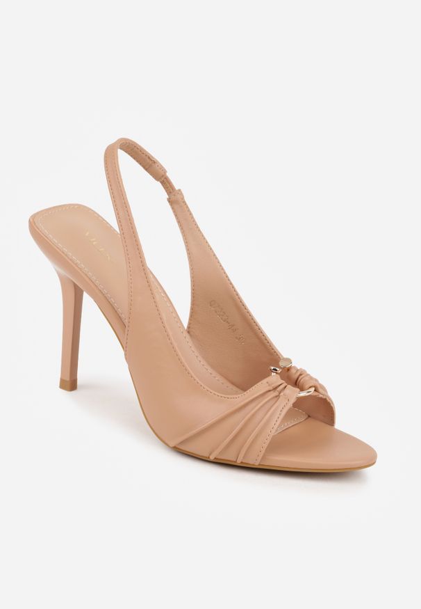 Renee - Ciemnobeżowe Sandały na Szpilce VICES z Metaliczną Ozdobą i Marszczeniem Orinlisa. Kolor: beżowy. Wzór: aplikacja. Sezon: lato. Obcas: na szpilce