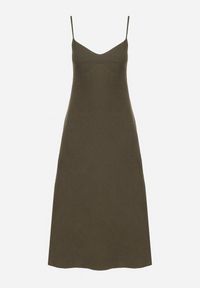 Born2be - Zielona Sukienka o Rozkloszowanym Kroju na Ramiączkach Naouise. Okazja: na ślub cywilny, na wesele, na randkę. Typ kołnierza: dekolt w kształcie V. Kolor: zielony. Materiał: lakier, tkanina. Długość rękawa: na ramiączkach. Sezon: lato. Typ sukienki: oversize, rozkloszowane #6