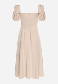 Born2be - Beżowa Sukienka w Rustykalnym Stylu z Wiązaniem przy Dekolcie i Rozcięciem Idanillea. Okazja: na co dzień, na spacer. Typ kołnierza: dekolt kwadratowy. Kolor: beżowy. Typ sukienki: rozkloszowane. Styl: casual #7