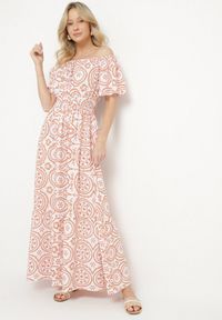 Born2be - Biało-Pomarańczowa Rozkloszowana Sukienka z Bawełną i Abstrakcyjnym Wzorem Ldivoria. Okazja: na imprezę, na spacer. Kolor: biały. Materiał: bawełna. Styl: elegancki #6