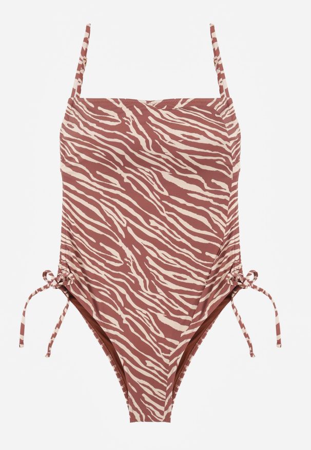 Renee - Brązowy Strój Kąpielowy z Odkrytymi Plecami i Wiązaniami Zarinania. Kolekcja: plus size. Kolor: brązowy. Materiał: koronka. Wzór: nadruk