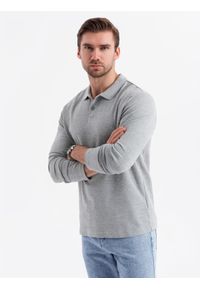 Ombre Clothing - Męski longsleeve z kołnierzykiem polo BASIC – szary melanż V4. Okazja: do pracy, na co dzień. Typ kołnierza: polo. Kolor: szary. Materiał: bawełna, dzianina. Długość rękawa: długi rękaw. Wzór: melanż. Styl: casual, elegancki #6