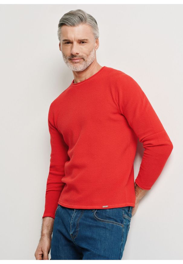 Ochnik - Czerwony sweter męski basic. Okazja: na co dzień. Kolor: czerwony. Materiał: bawełna. Długość: długie. Wzór: ze splotem. Styl: casual