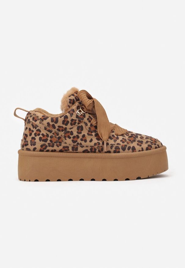 Renee - Brązowe Sneakersy Vices Stylizowane na Śniegowce w Panterkę na Platformie Obszyte Futerkiem Naleris. Zapięcie: sznurówki. Kolor: brązowy. Materiał: futro. Wzór: motyw zwierzęcy. Obcas: na platformie