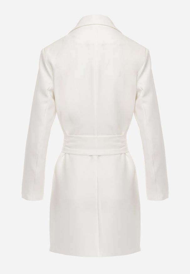 Renee - Biała Marynarka Sukienkowa z Usztywnioną Linią Ramion Wiązana w Talii Equintina. Okazja: na spotkanie biznesowe, na co dzień. Kolor: biały. Styl: elegancki, biznesowy, casual