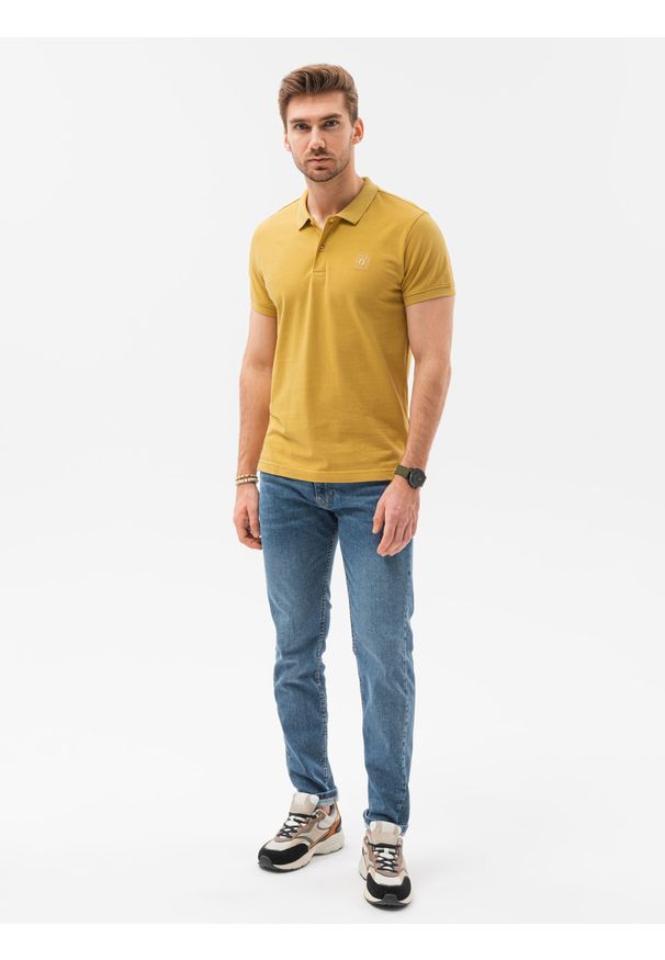 Ombre Clothing - Koszulka męska polo klasyczna bawełniana S1374 - żółta - XXL. Typ kołnierza: polo. Kolor: żółty. Materiał: bawełna. Wzór: haft. Styl: klasyczny
