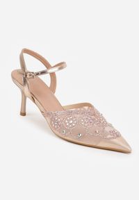 Renee - Szampańskie Siateczkowe Czółenka na Szpilce VICES Ozdobione Cyrkoniami i Brokatem Orinelis. Zapięcie: sprzączka. Kolor: złoty. Materiał: satyna. Szerokość cholewki: normalna. Wzór: aplikacja. Obcas: na szpilce. Styl: glamour #7