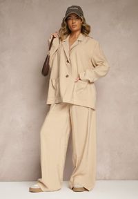 Renee - Beżowe Spodnie Low Waist z Modalu z Szeroką Nogawką Reanelira. Okazja: na co dzień. Stan: obniżony. Kolor: beżowy. Styl: klasyczny, casual, elegancki