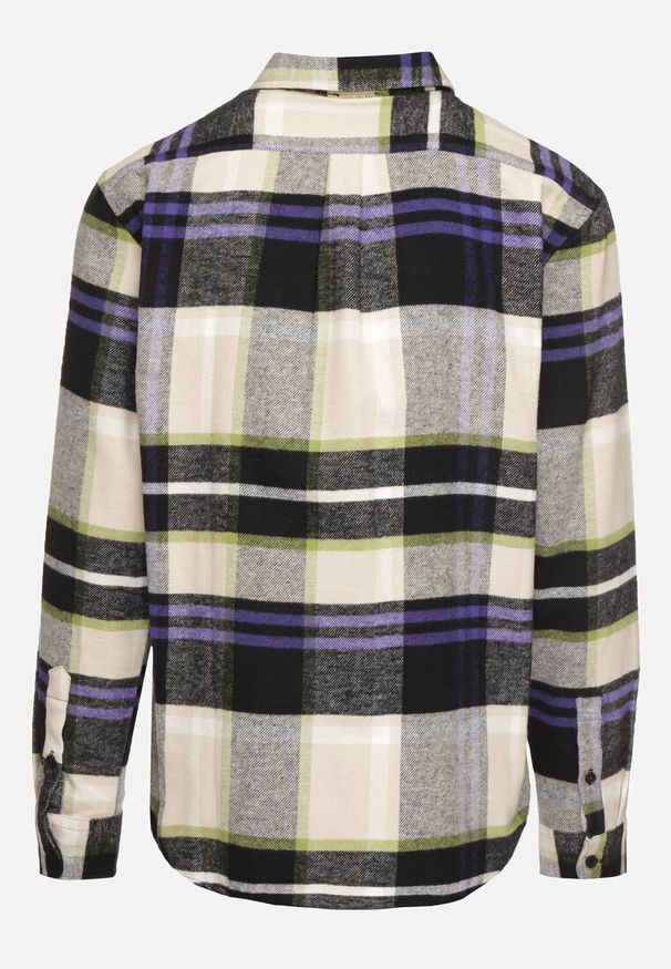 Born2be - Beżowa Koszula z Bawełny w Kratę Ozdobiona Guzikami Zinniritta. Okazja: na co dzień. Typ kołnierza: kołnierzyk klasyczny. Kolor: beżowy. Materiał: bawełna. Długość rękawa: długi rękaw. Długość: długie. Wzór: aplikacja. Styl: casual, elegancki, klasyczny