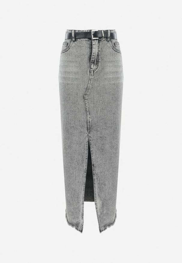 Born2be - Szara Jeansowa Spódnica Maxi z Paskiem Goergen. Stan: podwyższony. Kolor: szary. Materiał: jeans. Wzór: aplikacja