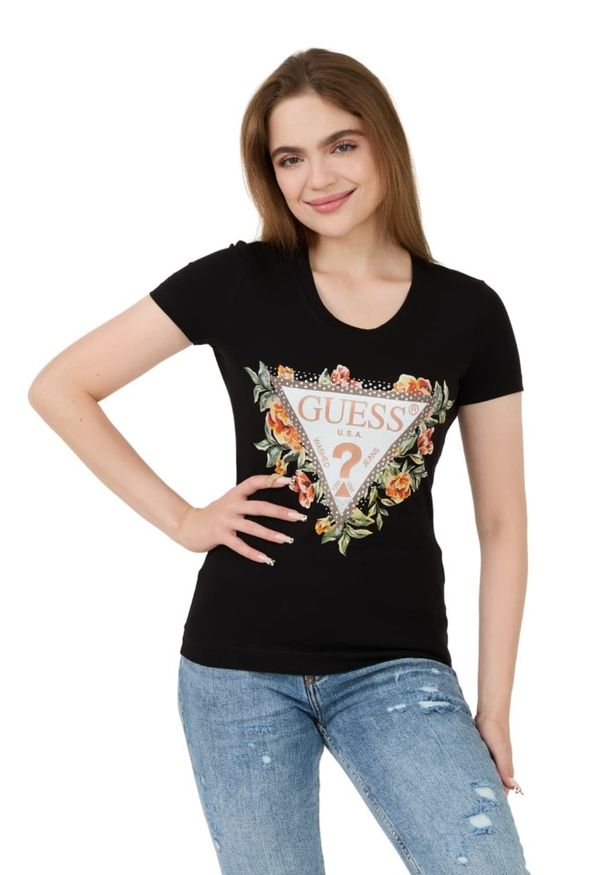 Guess - GUESS Czarny t-shirt Triangle Flowers. Kolor: czarny