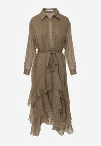 Born2be - Zielona Koszulowa Sukienka z Dłuższym Tyłem i Falbanami Savandra. Okazja: na co dzień. Kolor: zielony. Materiał: poliester. Typ sukienki: koszulowe. Styl: casual #2