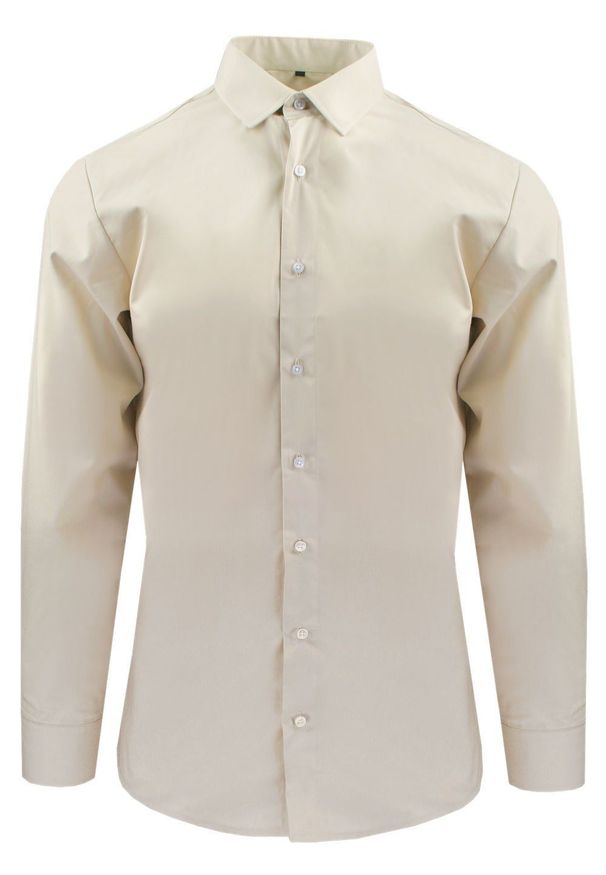 Delikatnie Wyszczuplana (Slim) Męska Koszula - Lanier - Beżowa. Kolor: brązowy, beżowy, wielokolorowy. Materiał: poliester, bawełna. Styl: sportowy, klasyczny