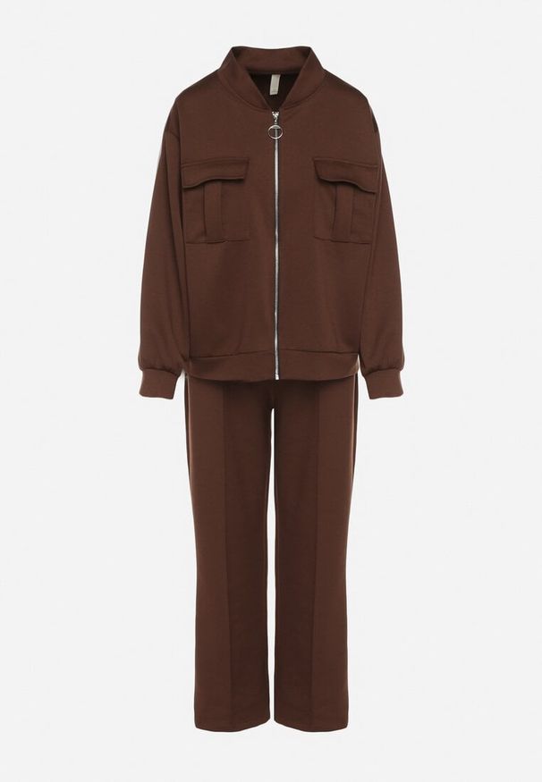 Born2be - Brązowy Bawełniany Komplet Dresowy Bluza na Suwak i Spodnie Tevrisa. Kolor: brązowy. Materiał: bawełna, dresówka. Sport: turystyka piesza