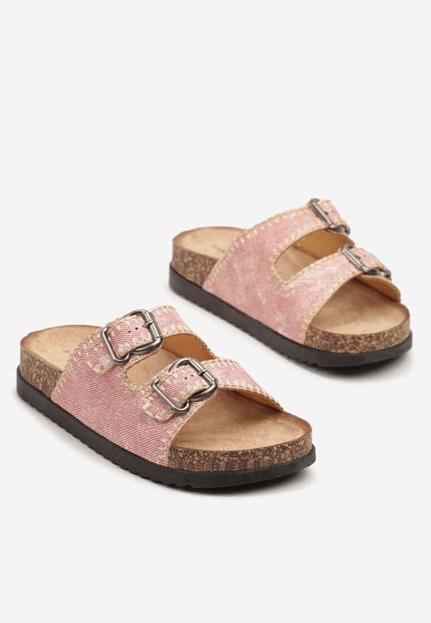 Born2be - Różowe Klapki na Grubej Korkowej Podeszwie Ozdobione Przeszyciami Nuridara. Okazja: na co dzień. Kolor: różowy. Materiał: jeans. Wzór: aplikacja. Styl: klasyczny, casual