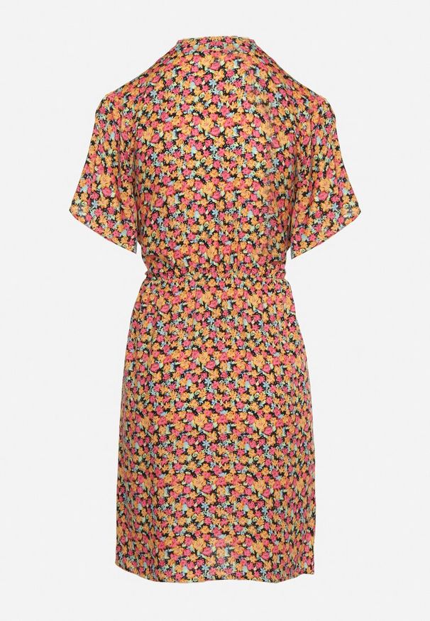 Born2be - Pomarańczowa Sukienka Rozkloszowana ze Sznurkiem w Talii w Drobny Print Ikattia. Okazja: na co dzień, na imprezę. Typ kołnierza: dekolt w kształcie V. Kolor: pomarańczowy. Materiał: tkanina, materiał. Długość rękawa: krótki rękaw. Wzór: nadruk. Sezon: lato. Styl: casual, elegancki, klasyczny