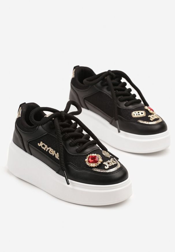 Renee - Czarne Sneakersy na Grubej Podeszwie z Cyrkoniami i Brokatem Falissa. Okazja: na co dzień. Kolor: czarny. Wzór: aplikacja