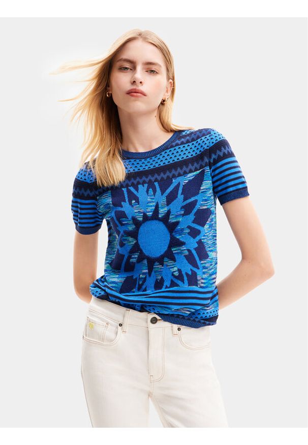 Desigual T-Shirt Sun Blue 24SWTK74 Niebieski Regular Fit. Kolor: niebieski. Materiał: bawełna