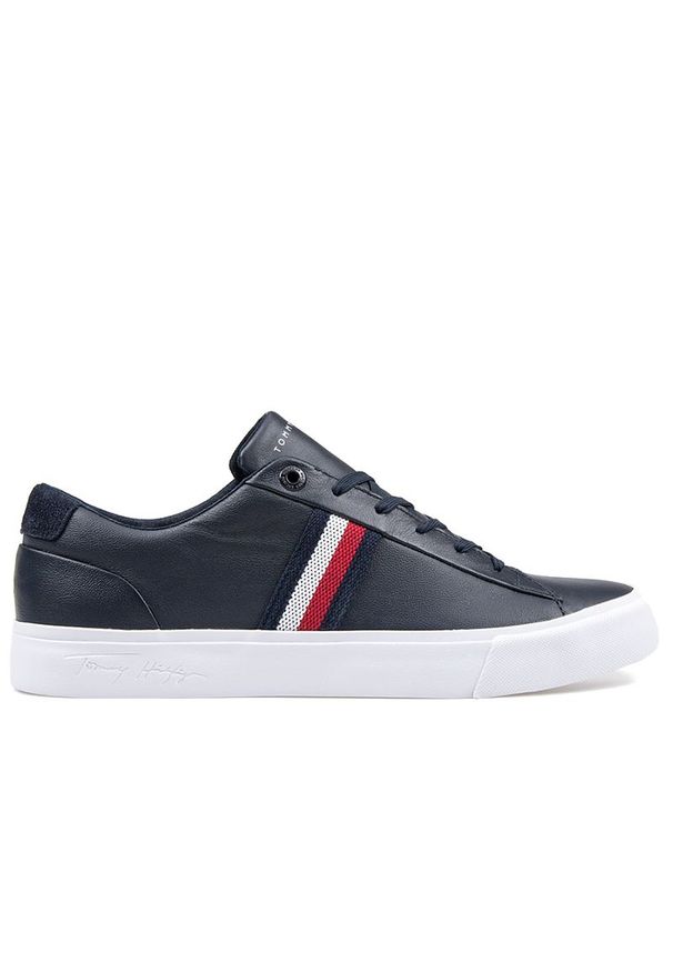 TOMMY HILFIGER - Tommy Hilfiger Signature Tape Leather Trainers > FM0FM03397-DW5. Materiał: bawełna, kauczuk, skóra. Szerokość cholewki: normalna. Wzór: aplikacja