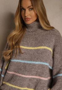 Renee - Beżowy Golf z Wełną w Paski Monallesa. Okazja: na co dzień. Typ kołnierza: golf. Kolor: beżowy. Materiał: wełna. Wzór: paski. Sezon: jesień. Styl: casual #5