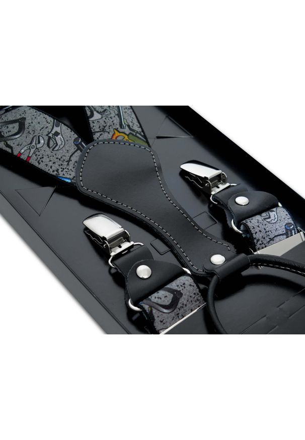 Modini - Szare szelki męskie w narzędzia SZ147. Kolor: szary. Materiał: skóra, guma