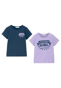 T-shirt dziewczęcy (2 szt.), bawełna organiczna bonprix jasny fioletowy - ciemnoniebieski. Kolor: fioletowy. Materiał: bawełna. Wzór: nadruk
