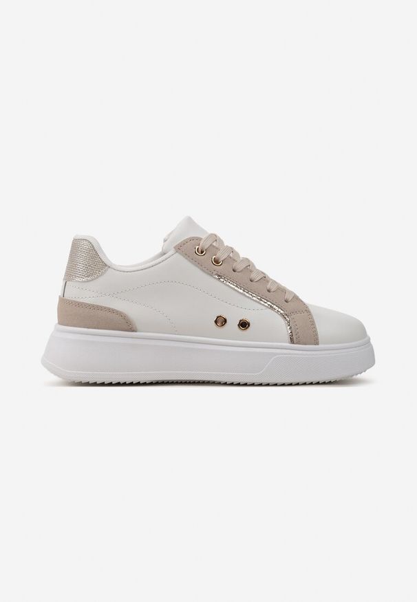 Born2be - Biało-Beżowe Sneakersy przed Kostkę na Grubej Podeszwie z Metalicznymi Wstawkami Aglimria. Okazja: do pracy. Wysokość cholewki: przed kostkę. Kolor: biały