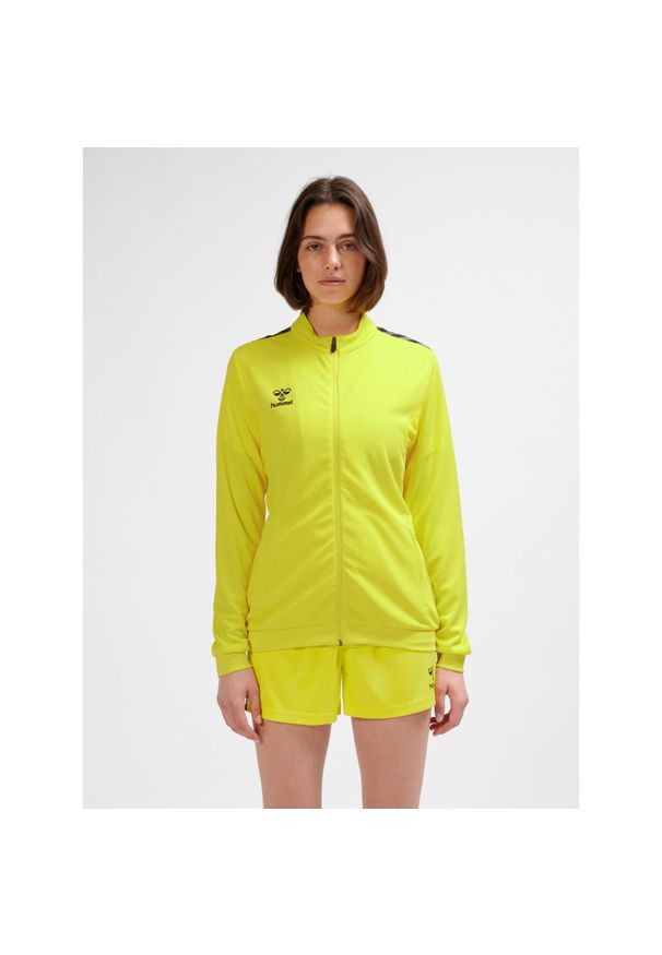 Damska bluza dresowa z poliestru zapinana na zamek Hummel Authentic. Kolor: żółty. Materiał: dresówka, poliester. Sport: fitness
