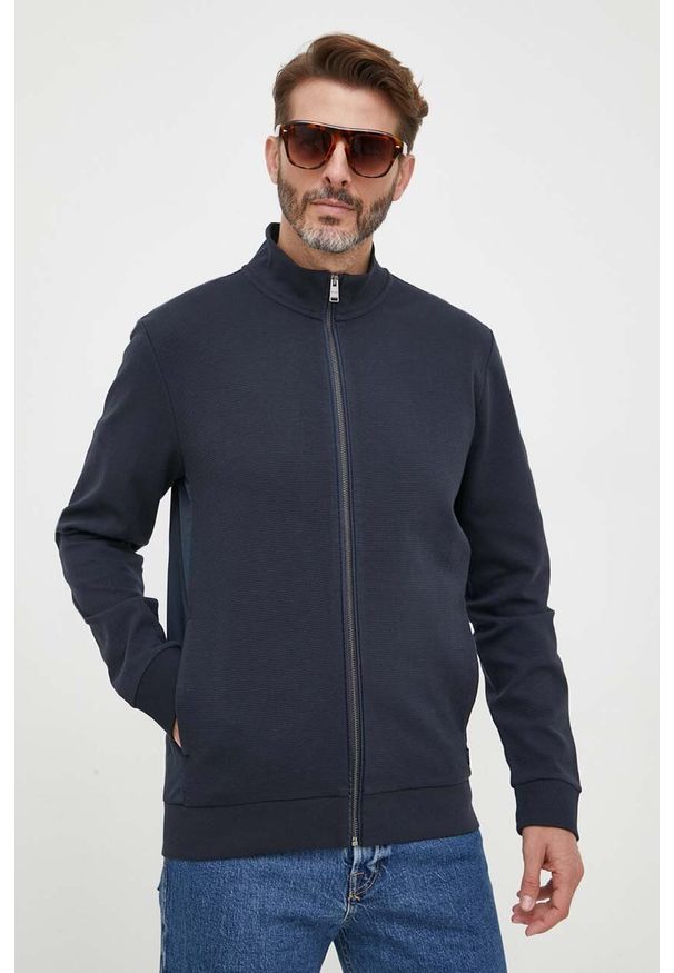 BOSS bluza męska kolor granatowy gładka. Kolor: niebieski. Materiał: materiał. Wzór: gładki