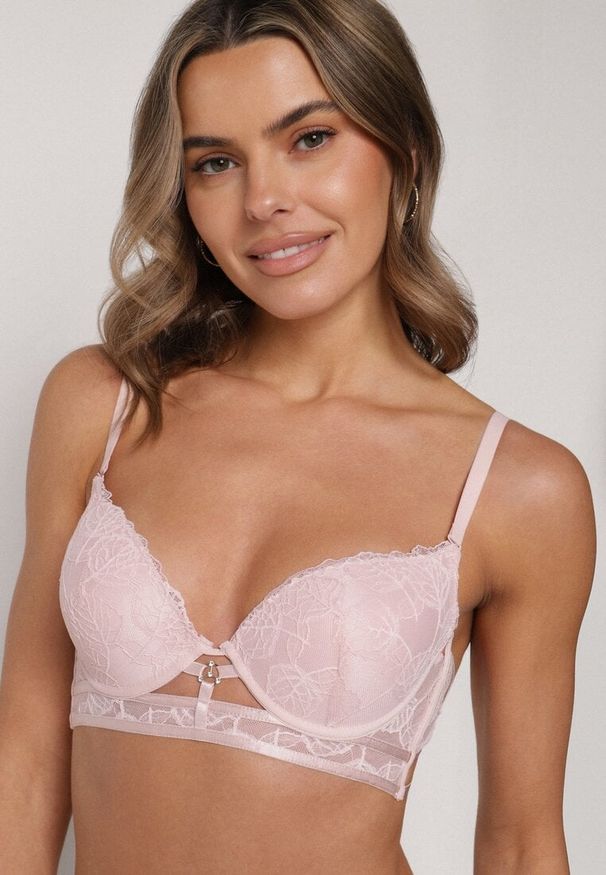 Born2be - Różowy Klasyczny Biustonosz Zdobiony Koronką i Aplikacją Metheis. Kolor: różowy. Materiał: koronka. Wzór: koronka, aplikacja