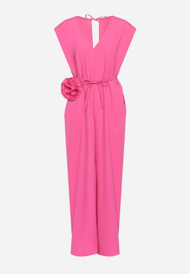Born2be - Różowy Wiązany Kombinezon z Prostymi Nogawkami i Wiskozą oraz Kwiatową Aplikacją Dimenna. Kolor: różowy. Materiał: wiskoza. Wzór: aplikacja, kwiaty. Styl: elegancki