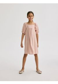 Reserved - Sukienka z bufkami - pastelowy róż. Kolor: różowy. Materiał: len, wiskoza