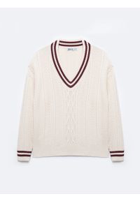 Big-Star - Sweter damski z wiskozy z dekoltem v-neck kremowy Cyntylia 102. Kolor: kremowy. Materiał: wiskoza. Wzór: ze splotem. Styl: klasyczny