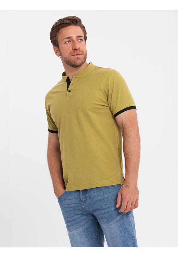 Ombre Clothing - Męski casualowy t-shirt z dekoltem henley i kontrastowym wykończeniem – oliwkowy V11 - Rozmiar: XL. Okazja: na co dzień. Typ kołnierza: typu henley, polo, bez kołnierzyka. Kolor: oliwkowy. Materiał: bawełna. Długość: długie. Styl: casual