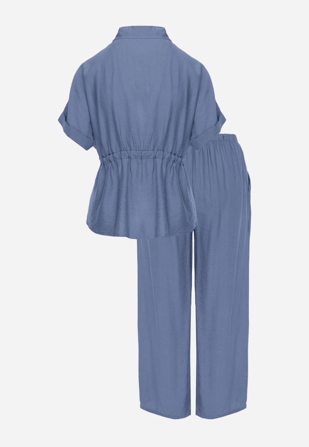 Renee - Niebieski Komplet z Wiskozy Spodnie Wide Leg i Bluzka ze Ściągaczem w Talii Daemnell. Kolor: niebieski. Materiał: wiskoza