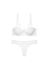 Intica - Komplet bielizny koronkowej ze strapsami regulowanymi Behjat. Kolor: biały. Materiał: koronka. Wzór: paski, koronka