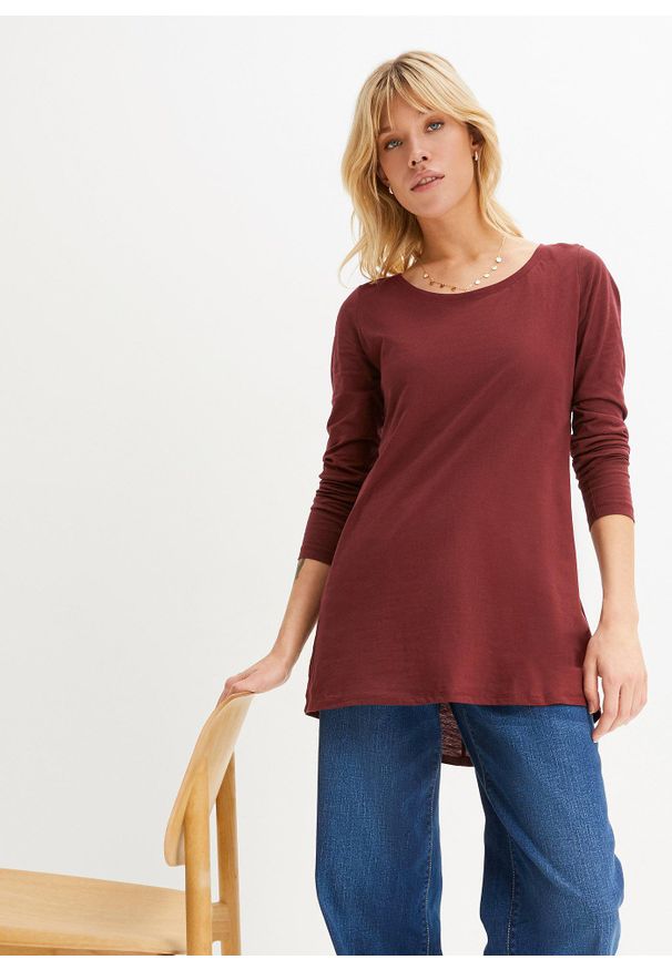 bonprix - Bawełniana bluzka z długim rękawem. Kolor: czerwony. Materiał: bawełna. Długość rękawa: długi rękaw. Długość: długie