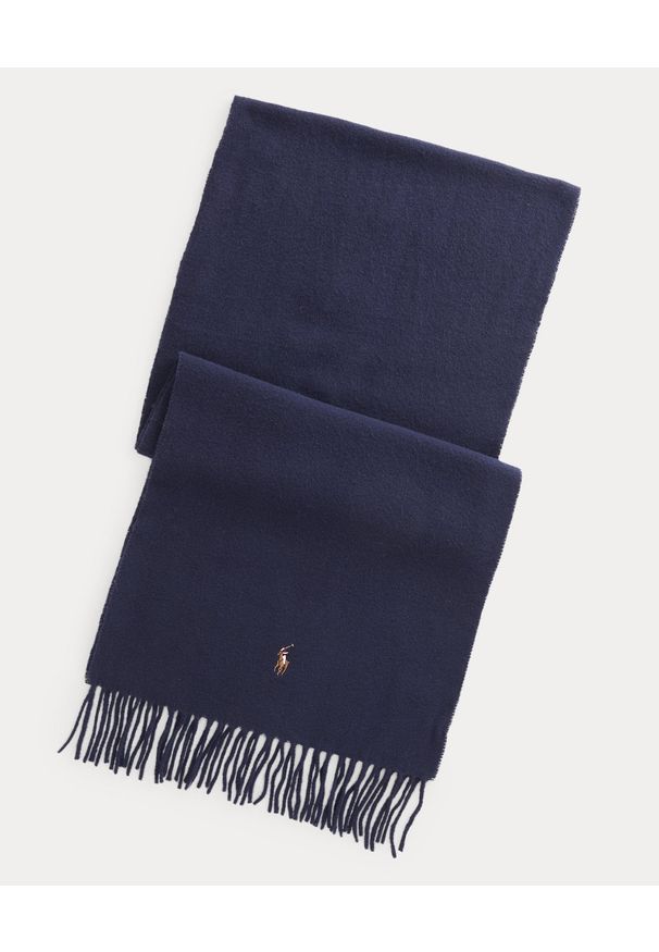 Ralph Lauren - RALPH LAUREN - Granatowy wełniany szalik z logo. Kolor: niebieski. Materiał: wełna. Wzór: haft