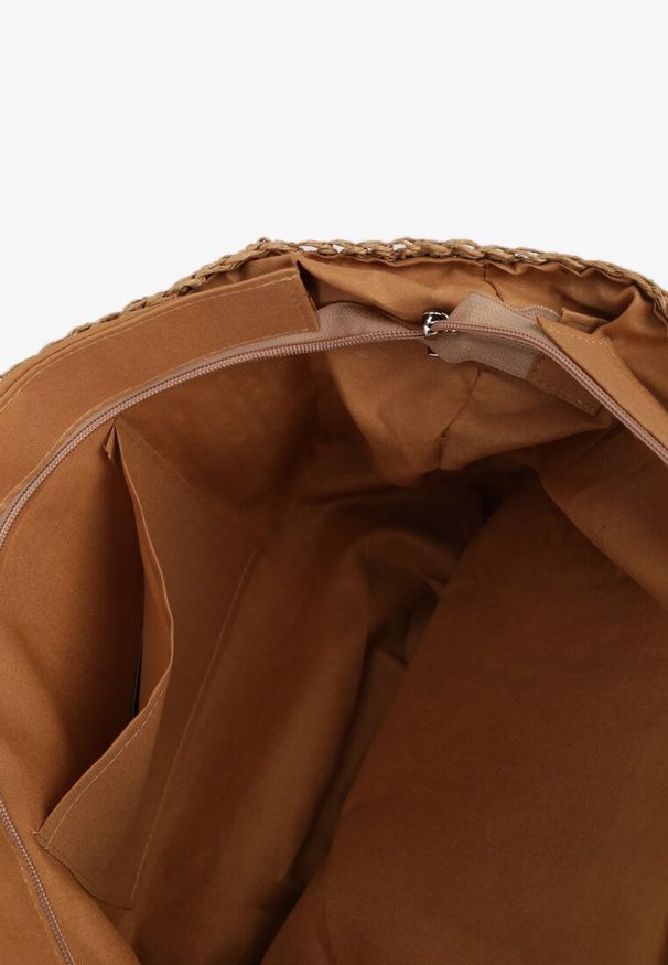Renee - Ciemnobeżowa Jednokomorowa Torebka z Plecionej Rafii w Stylu Boho Idarkia. Kolor: beżowy. Wzór: paski. Sezon: lato. Styl: boho