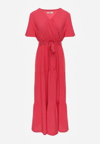 Renee - Czerwona Rozkloszowana Sukienka z Falbanką i Wiązanym Paskiem Adotine. Kolor: czerwony. Materiał: materiał. Sezon: wiosna, lato #6