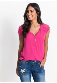 Shirt z koronkową wstawką bonprix różowy. Kolor: różowy. Materiał: koronka #2
