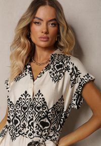 Renee - Beżowo-Czarna Sukienka Boho na Guziki z Wiskozą Ozdobiona Paskiem Mosofia. Okazja: na co dzień. Kolor: beżowy. Materiał: wiskoza. Wzór: aplikacja. Sezon: lato. Typ sukienki: proste. Styl: boho #4