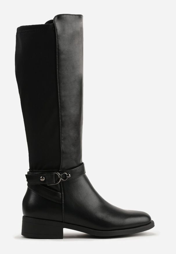 Renee - Czarne Kozaki w Stylu Oficerek Ozdobione Klamrami Otima. Okazja: na co dzień. Zapięcie: klamry. Kolor: czarny. Materiał: jeans, skóra. Wzór: aplikacja. Styl: rockowy, casual