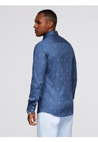 Ombre Clothing - Klasyczna męska bawełniana koszula SLIM FIT w palmy - ciemnoniebieska V5 OM-SHCS-0156 - XXL. Typ kołnierza: kołnierzyk klasyczny. Kolor: niebieski. Materiał: bawełna. Długość rękawa: długi rękaw. Długość: długie. Wzór: nadruk. Styl: klasyczny