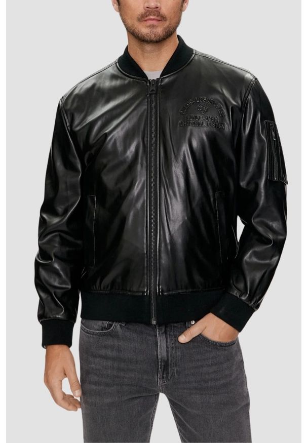 Guess - GUESS Skórzany bomber męski District Faux Leather Bomber. Typ kołnierza: kołnierzyk stójkowy. Kolor: czarny. Materiał: skóra. Styl: klasyczny, elegancki