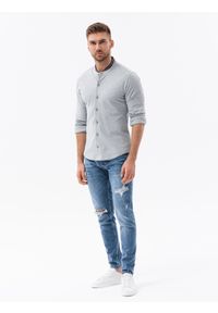 Ombre Clothing - Bawełniana męska koszula SLIM FIT ze stójką w kolorowe paski – szara V5 OM-SHCS-0178 - XXL. Okazja: na co dzień. Typ kołnierza: kołnierzyk stójkowy. Kolor: czarny. Materiał: bawełna. Długość: długie. Wzór: paski, kolorowy. Styl: casual