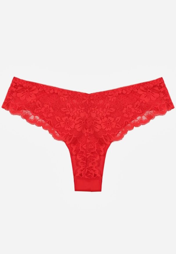 Renee - Czerwone Majtki Stringi Ozdobione Koronką Phisoris. Kolor: czerwony. Materiał: koronka. Wzór: aplikacja, koronka